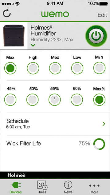 Holmes WeMo humidity control screen